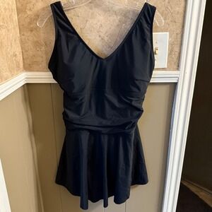 NWT Yonique Black Swim Dress XL One Piece Ruched Tummy‎ Control Swimsuit